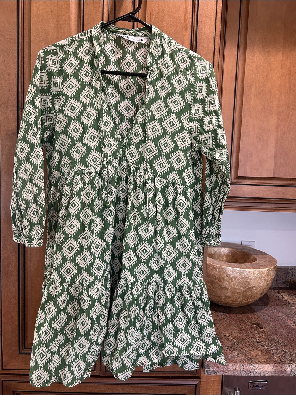 Zara Green and White Geometric Mini Dress